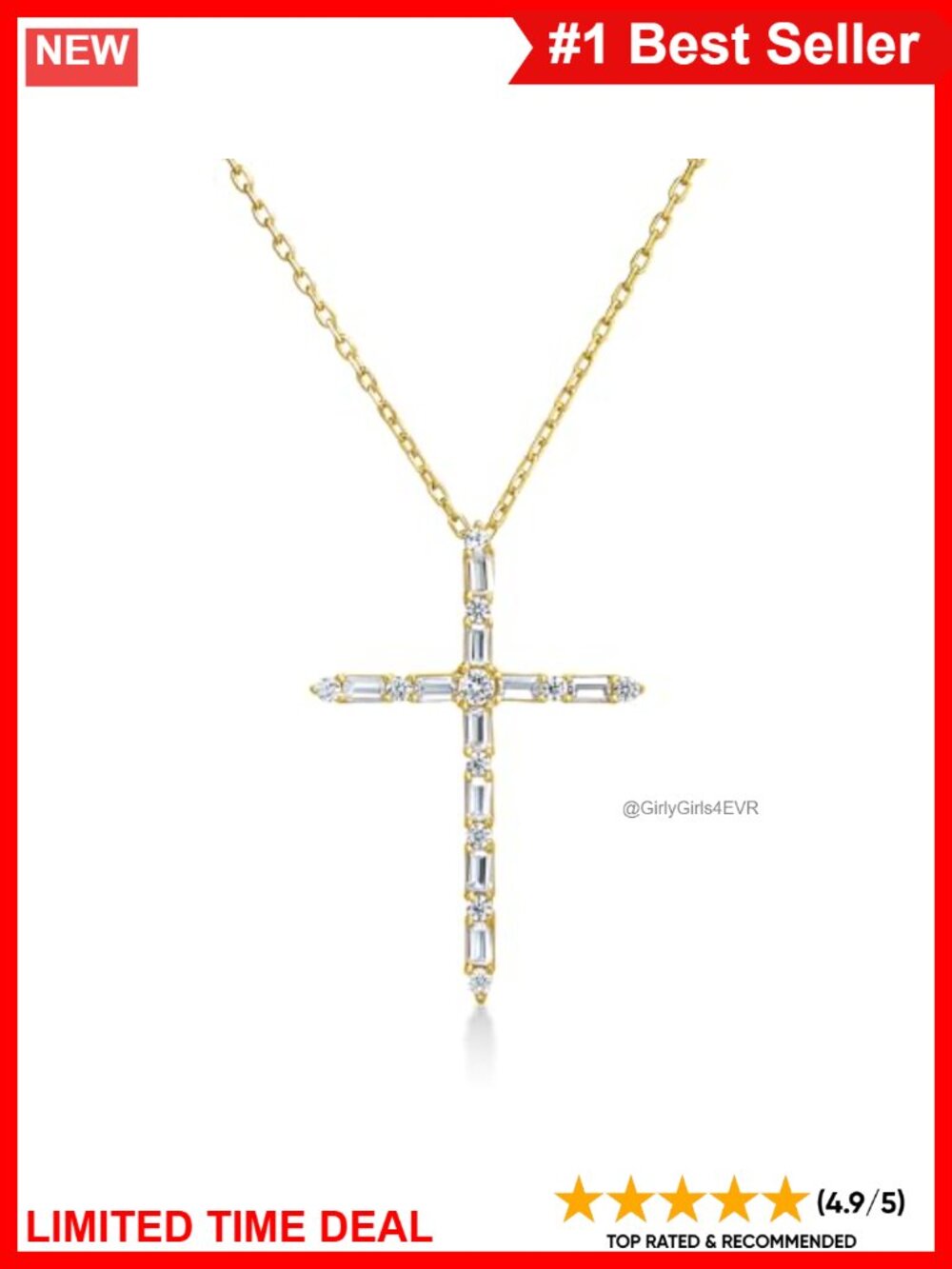 Lab Created Diamond Cross Necklace 925 Sterling Silver 14K Yellow Gold Plated
